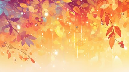 Fototapeta premium Morning rain, autumn leaves, brunches and sparkle drops on orange background with copy space. Banner. 