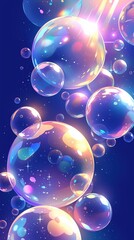 Sparkle soap bubbles  on dark blue background with sun light.  Wallpaper. 