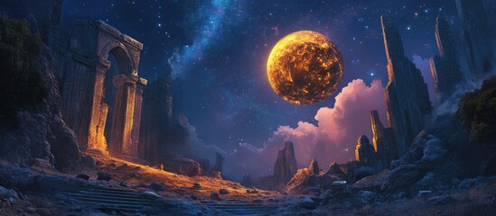 Fototapeta premium Golden Orb Investigating Textured Ancient Ruins Under Night Sky