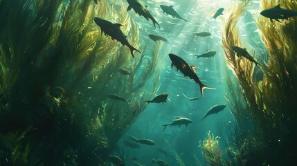engaging image of a school of fish swimming through a field of kelp.