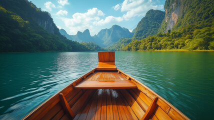 Fototapeta premium Serene Lake View from a Wooden Boat