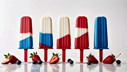 Red, white, and blue popsicles lined up against a white background, perfect for summer celebrations