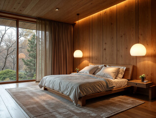 cozy bedroom interior in modern scandinavian style. Generative AI