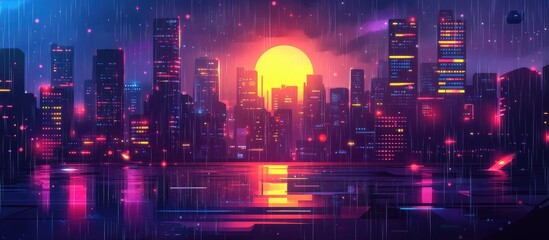 Cyberpunk Cityscape At Night With Rainy Neon Lights Futuristic Perspective