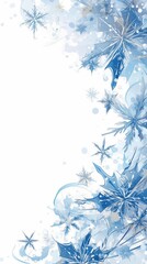 Snowflakes, sparkle frozen winter elements isolated on white and clear blue winter vertical background with copy space on the left. Watercolor illustration.