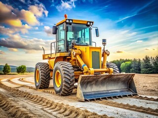 Large yellow grader machine on a dirt road, front blade raised, tires tracked, amidst a blurred background of