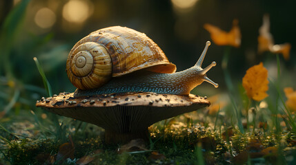 Snail traversing the mushroom's surface in a stunning close-up shot