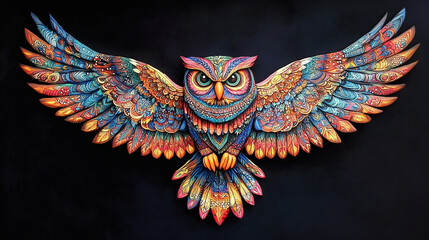 Full-body Owl Sculpture, Colorful Wood, Detailed Features, Set Against Black Background, Vibrant And Intricate Craftsmanship.
