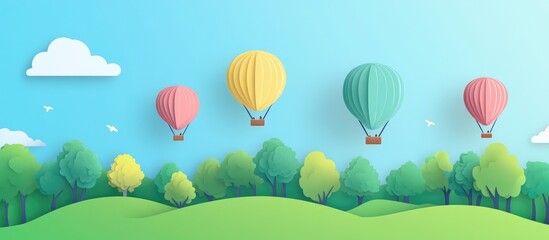 Aerial Panorama Of Hot Air Balloons Over Green Fields And Tree Landscape