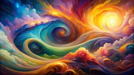 Fototapeta premium Vibrant swirled colors on abstract background evoke dreamlike atmosphere in modern surrealist oil paint drawing, perfect for unique wall decor and artistic poster.