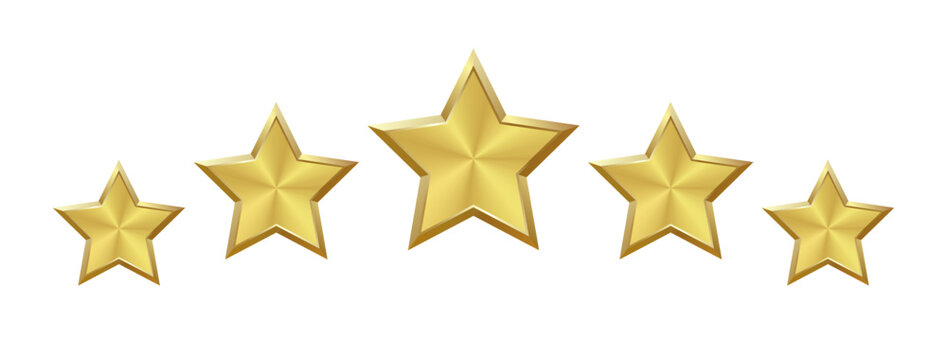 Isolated 5 shiny gold on a transparent background, brass star with metallic effect. Five elements for medals, awards, rating designation, hotels status, customer feedback, review. Vector EPS10