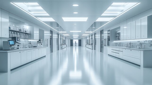 Modern laboratory interior with sleek design and bright lighting.