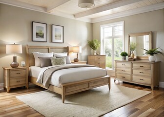 Light-wooden furniture, including a dresser and nightstand, dominate a serene, blonde-wood-accented bedroom with soft,