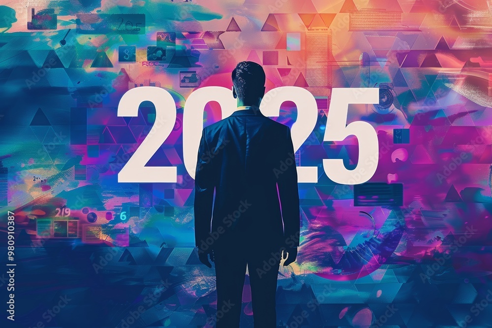 Aufkleber in a futuristic portrayal from the year 2025, a businessman is depicted against a dynamic and colorf