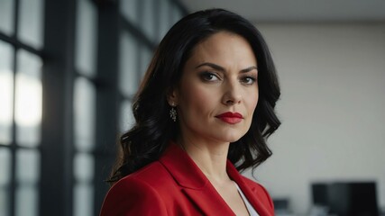 Fototapeta premium adult black hair white woman in red formal attire model portrait looking confident on an office background for ad concept space for text