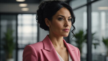 Fototapeta premium adult black hair white woman in pink formal attire model portrait looking confident on an office background for ad concept space for text