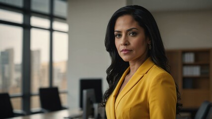 Fototapeta premium adult black hair hispanic woman in yellow formal attire model portrait looking confident on an office background for ad concept space for text