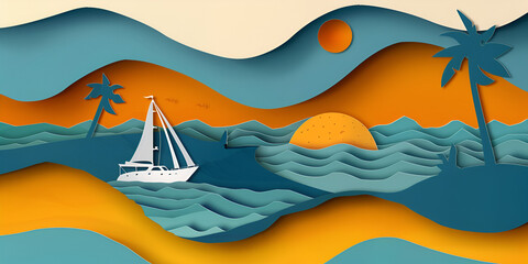 Paper Cut Style Tropical Beach with Sailboat