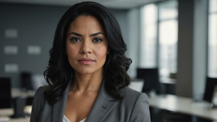 Fototapeta premium adult black hair hispanic woman in gray formal attire model portrait looking confident on an office background for ad concept space for text