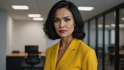 Fototapeta premium adult black hair finnougric woman in yellow formal attire model portrait looking confident on an office background for ad concept space for text