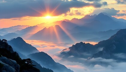 Serene mountain range with rolling hills, mist and clouds enveloping the landscape, as brilliant rays of sunlight pierce through at dawn