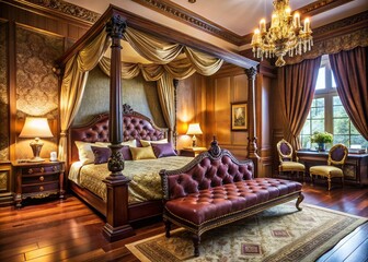 Luxurious bedroom features ornate four-poster bed, plush velvet sofa, golden accents, and rich wood tones, exuding