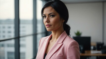 Fototapeta premium adult black hair finnougric woman in pink formal attire model portrait looking confident on an office background for ad concept space for text