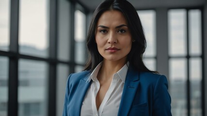 Fototapeta premium adult black hair finnougric woman in blue formal attire model portrait looking confident on an office background for ad concept space for text