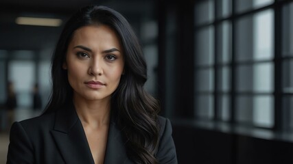 Fototapeta premium adult black hair finnougric woman in black formal attire model portrait looking confident on an office background for ad concept space for text