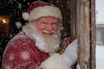 Santa Claus is placing colorful wrapped gifts through a wooden window during a snowy night, embodying the magic and tradition of Christmas Eve gift-giving.
