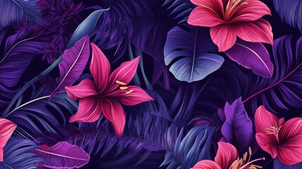 Purple Komakusa purple banana leaf and red amaryllis illustration Seamless background pattern featuring floral botanical elements and isolated wild leaves Exotic tropical jungle design for fabric