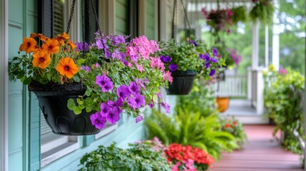 The entrance to a white wooden historic house with a white door and colorful flowers and garden plants. 