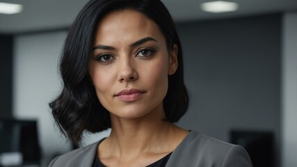 Fototapeta premium adult black hair european woman in gray formal attire model portrait looking confident on an office background for ad concept space for text
