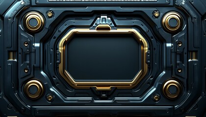 Abstract Futuristic Panel with Gold Accents and a Black Window