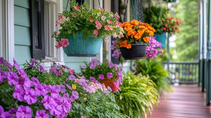 The entrance to a white wooden historic house with a white door and colorful flowers and garden plants. 