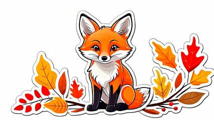 Cute Cartoon Fox with Autumn Leaves Illustration