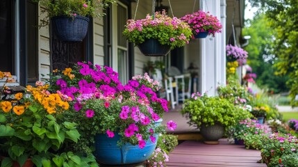 The entrance to a white wooden historic house with a white door and colorful flowers and garden plants. 