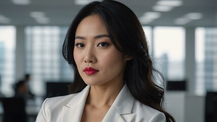 Naklejka premium adult black hair east asian woman in white formal attire model portrait looking confident on an office background for ad concept space for text