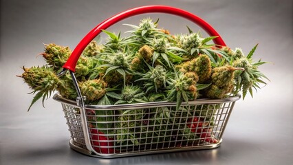 A silver basket with a vibrant red handle overflowing with lush green marijuana plants artfully arranged for maximum visibility from every angle.