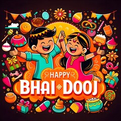 Bhai Dooj cartoon-style illustrations of a brother and sister.