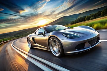 Luxurious high-performance sports car with sleek, curved lines and gleaming chrome accents accelerates down a winding