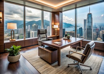 Fototapeta premium Luxurious Hong Kong office interior features sleek wooden desk, ergonomic leather chair, and modern art pieces amidst a