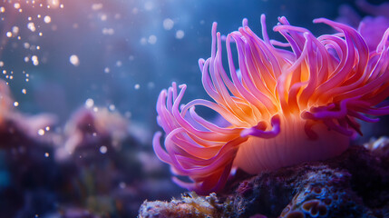 A close-up of a sea anemone's soft, flowing tentacles moving with the current on a coral reef  