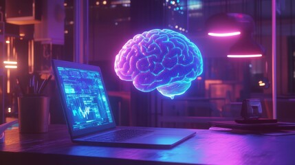 Digital 3D brain levitating over a sleek laptop, holographic AI interface on screen, vibrant neon blue, cyberpunk-inspired office.
