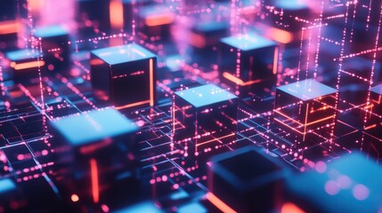 Abstract representation of blockchain technology, with glowing cubes connected by neon lines, floating in a digital matrix, 3D illustration.