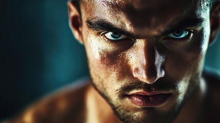 Fototapeta premium A dynamic close-up image of a muscular man, intense focus in his eyes, head slightly tilted forward, looking directly at the camera