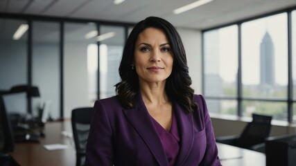 Fototapeta premium adult black hair caucasian woman in purple formal attire model portrait looking confident on an office background for ad concept space for text