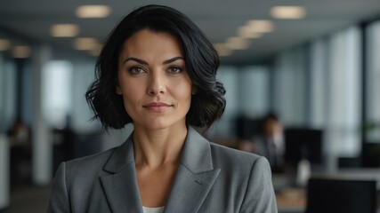 Obraz premium adult black hair caucasian woman in gray formal attire model portrait looking confident on an office background for ad concept space for text