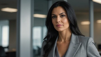 Fototapeta premium adult black hair caucasian woman in gray formal attire model portrait looking confident on an office background for ad concept space for text
