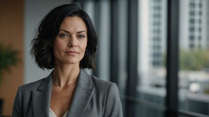 Fototapeta premium adult black hair caucasian woman in gray formal attire model portrait looking confident on an office background for ad concept space for text
